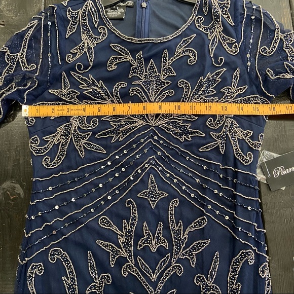 Pisarro Nights Beaded Mesh Column Gown SZ 4 Navy D2451 3/4 sleeve - Picture 10 of 13